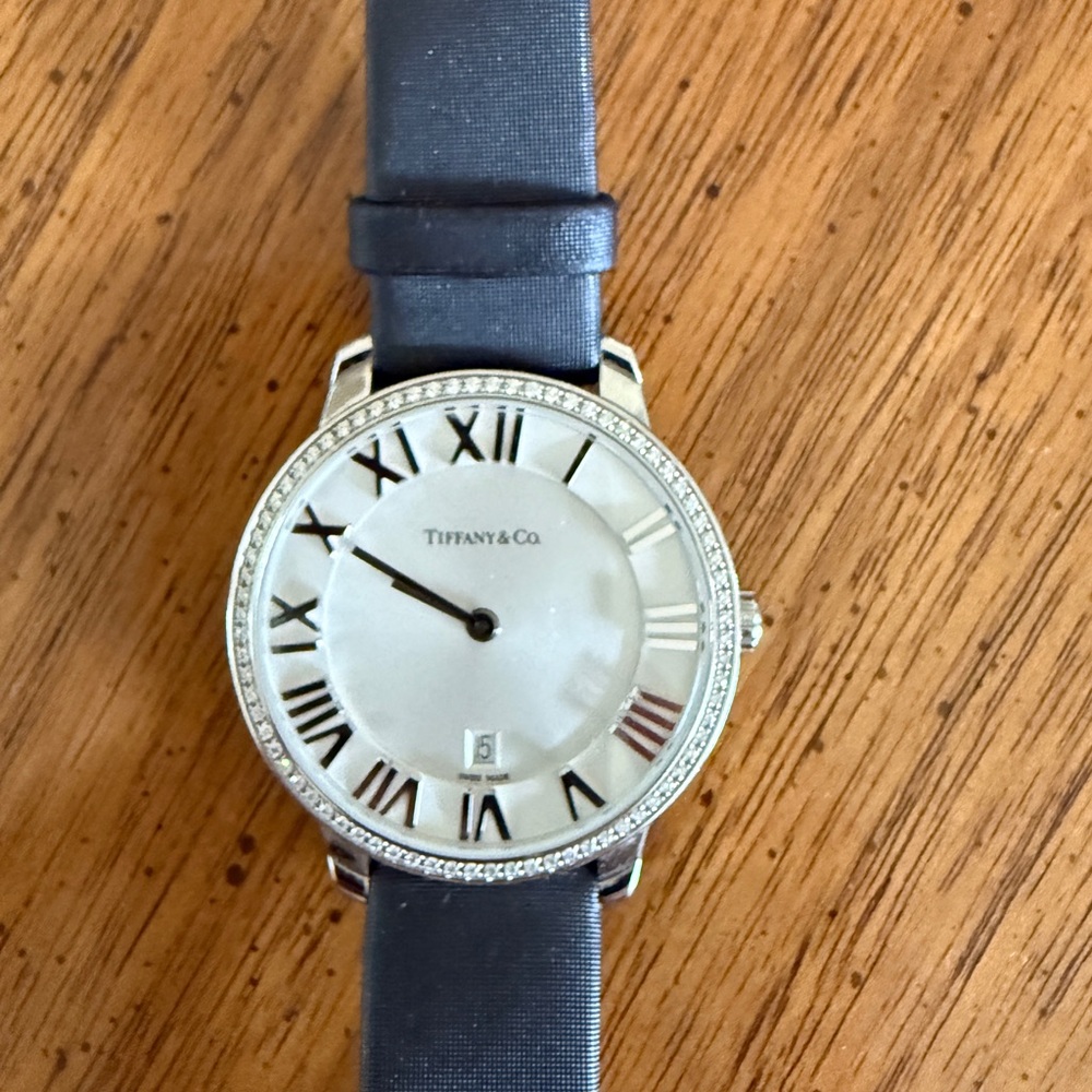 Tiffany & Co. Atlas Stainless steel watch with diamonds with Black Strap